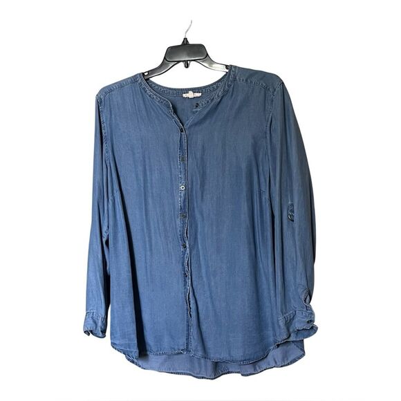 Jane & Delancey Collarless Blue Denim Roll Tab Sleeve Button Front Shirt Size 2X - Picture 1 of 10